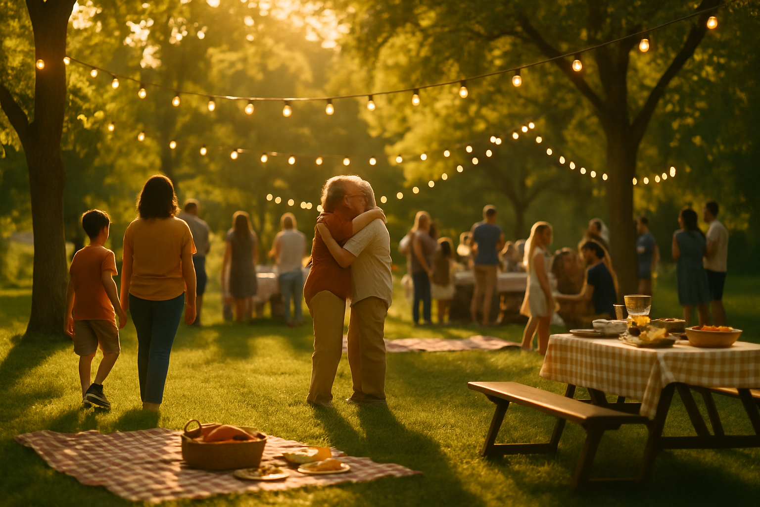 Golden-hour alumni picnic in the park